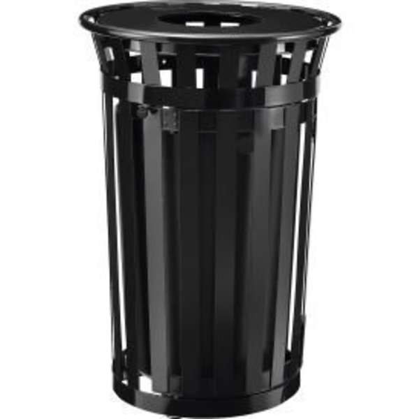 Global Equipment Outdoor Steel Slatted Trash Can W/Access Door   Flat Lid, 36 Gallon, Black 261940BK